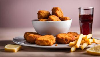 Crispy Chicken Nuggets with French Fries and a Glass of Soda photo