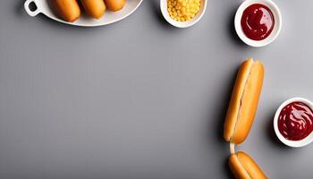 Hot dog with ketchup and corn on a gray background photo