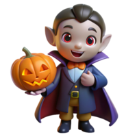 Adorable 3D Render of a Little Vampire Holding a Jack-o'-Lantern for Halloween png