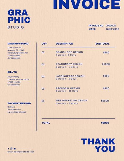 blue minimalist invoice graphic designer template design ideas
