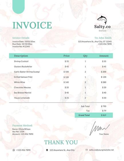 Simple Seafood Restaurant Invoice