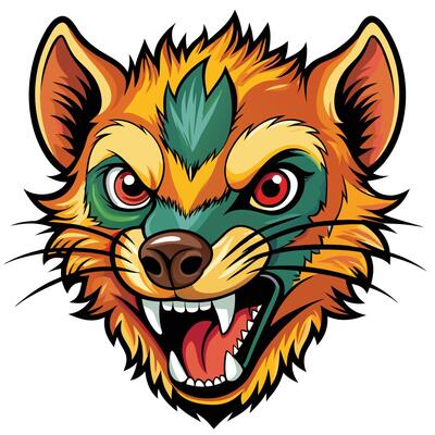 an angry animal head with a green and orange color scheme