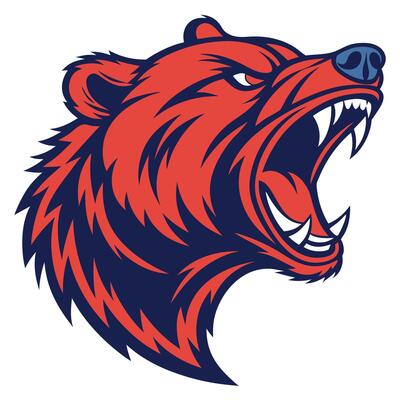 the head of a grizzly bear is shown in a red and blue color
