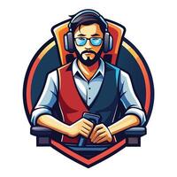 a man with glasses and a beard sitting at a computer vector