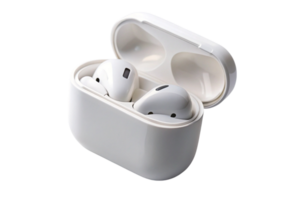 Minimalistic design of wireless earphones in their charging case, emphasizing portability and style. png