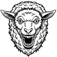 a black and white illustration of a sheep head with its mouth open vector