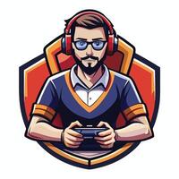 a man with glasses and a headset holding a controller vector