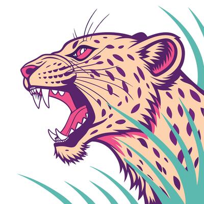 a leopard head with its mouth open and its teeth showing