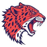 the head of a jaguar is shown in a red and blue color vector