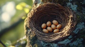 Nest with speckled eggs resting on a mossy tree branch in a serene natural setting photo