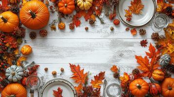 Autumn table setting with pumpkins and autumn leaves for a festive gathering photo