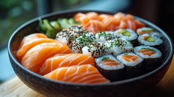 Sushi platter featuring salmon, roe, and fresh vegetables on a wooden board photo