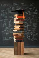 Graduation cap atop vintage books in front of a chalkboard filled with equations photo