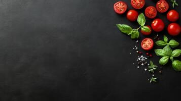 Freshly cut tomatoes with basil and seasoning on a dark kitchen surface for cooking preparation photo