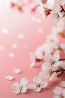 Blossom branches arranged decoratively on soft pink background with scattered petals photo