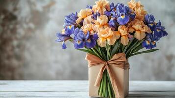 Beautiful bouquet of iris flowers in a simple vase on a rustic table photo
