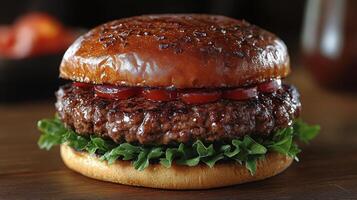Juicy hamburger with fresh toppings served on a toasted bun at a gourmet burger restaurant photo