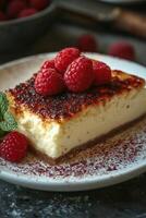 Creamy dessert with caramelized top and fresh raspberries on a rustic wooden table photo