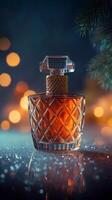 Elegant glass perfume bottle filled with amber liquid against a soft, sunlit background photo