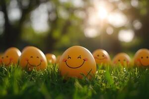 Happy yellow eggs enjoying a sunny day in a green garden photo
