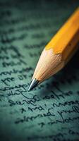 Close up of a sharpened pencil resting on dark surface creating inviting workspace atmosphere photo