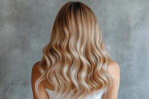 hermosa ondulado rubia pelo estilizado en un modelo en contra un ligero fondo foto