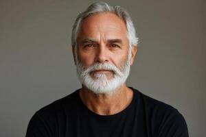 Mature man with gray hair and beard showing a thoughtful expression indoors photo