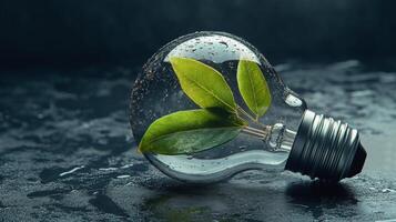 Light bulb with greenery glowing softly among lush foliage at dusk photo