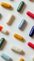 Colorful assortment of capsules scattered on a white surface during daylight photo