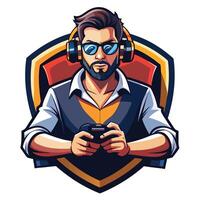 a man with a beard and glasses holding a controller vector