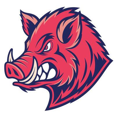 an angry red pig head with sharp teeth