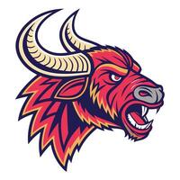 an angry bull head with horns and a red and yellow color scheme vector