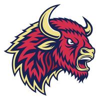 an angry bison head with horns and a red and blue color scheme vector