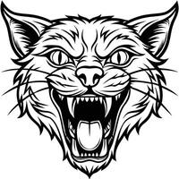 a black and white illustration of a cat head with its mouth open vector