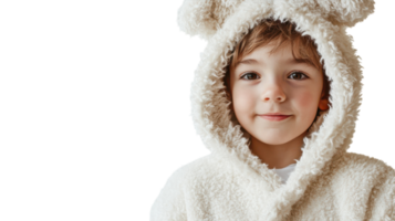 A Cute and Cozy Representation of a Child Dressed in a Fluffy Animal Onesie Perfect for Illustrating Comfort and Playfulness in Children's Fashion or Pajama Themes. png