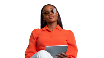 Confident woman in orange blouse using tablet with transparent background png