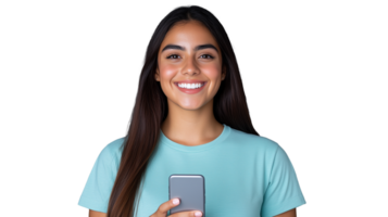 Smiling young woman holding smartphone on transparent background png