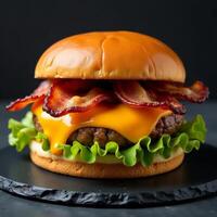 A hamburger with bacon and cheese on top photo