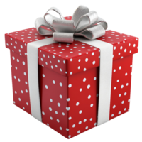 Red gift box with dots pattern and white ribbon element on transparent background. png