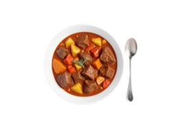 Goulash, Hungarian beef stew with paprika and vegetables, rich red color, chunky ingredients dynamically suspended png
