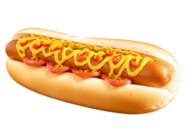 chiando quente cachorro dentro uma suave pão com mostarda e saborear, apetitoso fechar-se, vibrante vermelho e amarelo, dramático iluminação, flutuando png