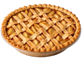 Apple Pie A rustic open-faced golden pie with flaky lattice crust, baked apples glistening with cinnamon syrup, on a transparent png