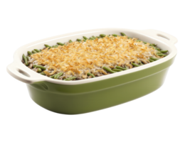Green bean casserole, tender green beans in creamy mushroom sauce, crispy fried onion topping, steaming in casserole dish, isolated png