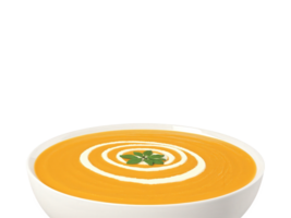 Butternut Squash Soup, velvety smooth puree, swirl of cream, sprinkle of nutmeg, isolated on transparent png
