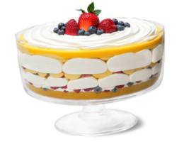 Trifle Elaborate trifle in a glass bowl with layers of cake, custard, fruit, and whipped cream, transparent bg. png