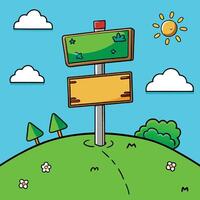 a cartoon signpost with a road and trees vector
