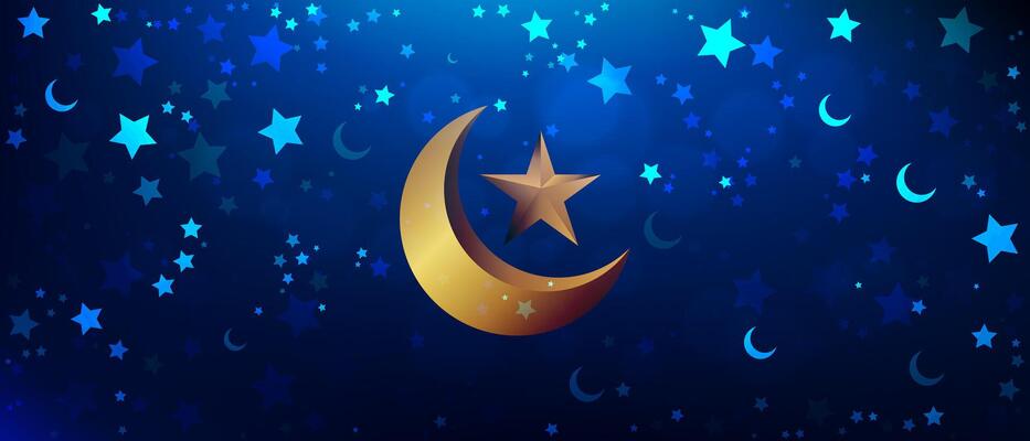 abstract stars pattern on light blue background with golden crescent moon islamic illustration