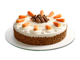 Carrot Cake Moist carrot cake topped with cream cheese frosting, walnuts, and piped carrots, on transparent surface. png
