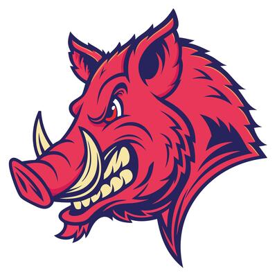 the head of a red and blue pig mascot