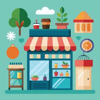 an illustration of a store front with various items vector